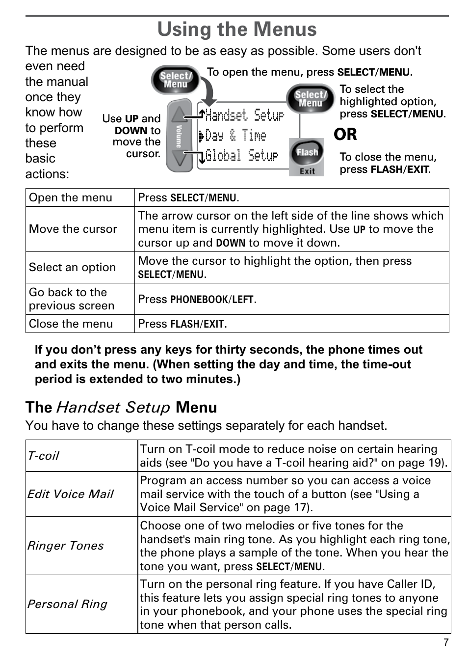 Using the menus, The handset setup menu, Handset setup day & time global setup | Uniden PS-0035 User Manual | Page 9 / 28