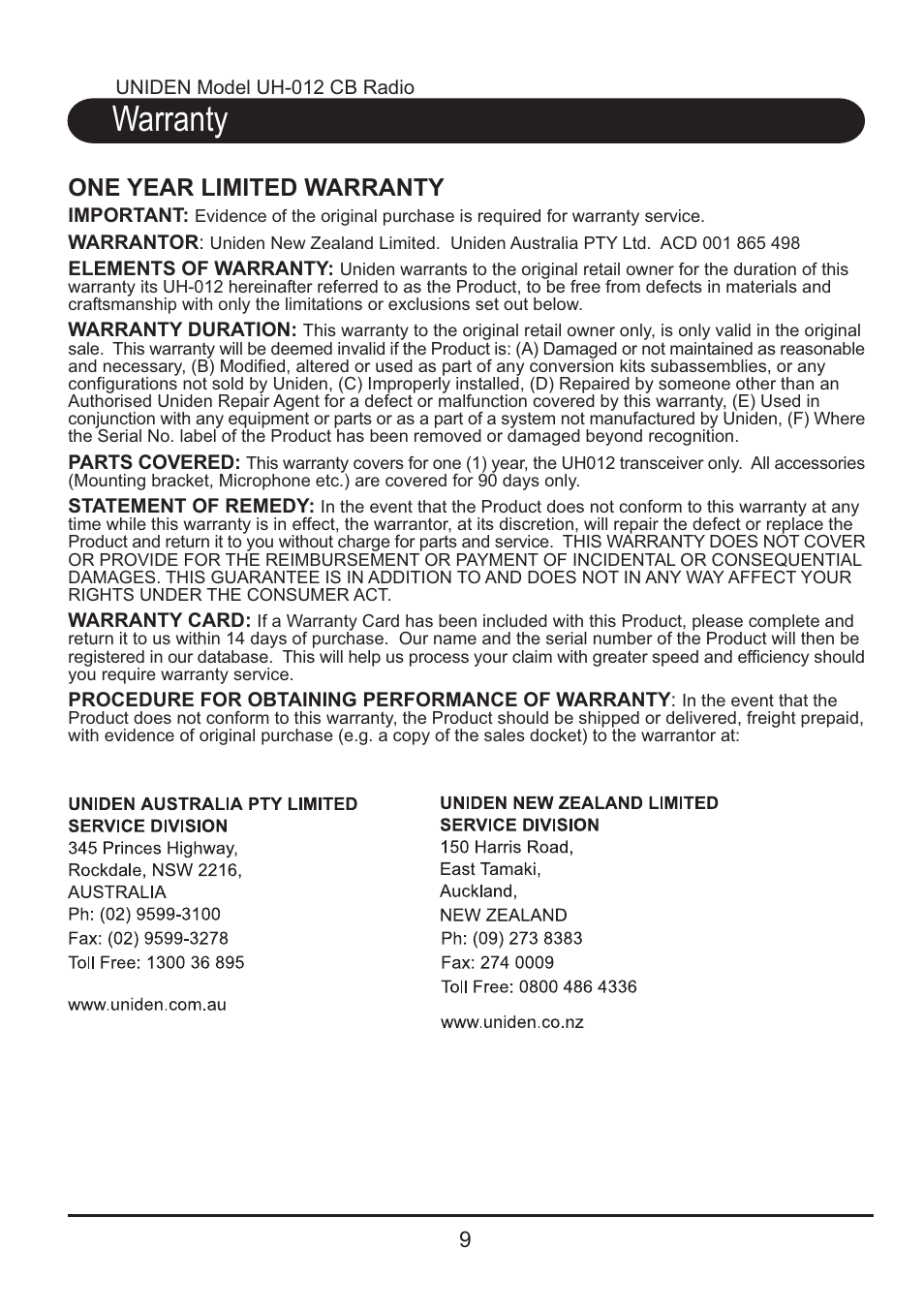 Warranty, One year limited warranty | Uniden CB RADIO UH012 User Manual | Page 10 / 12