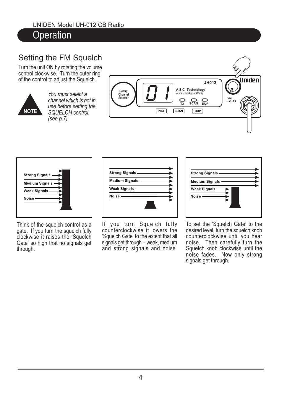 Operation, Setting the fm squelch | Uniden CB RADIO UH012 User Manual | Page 5 / 12