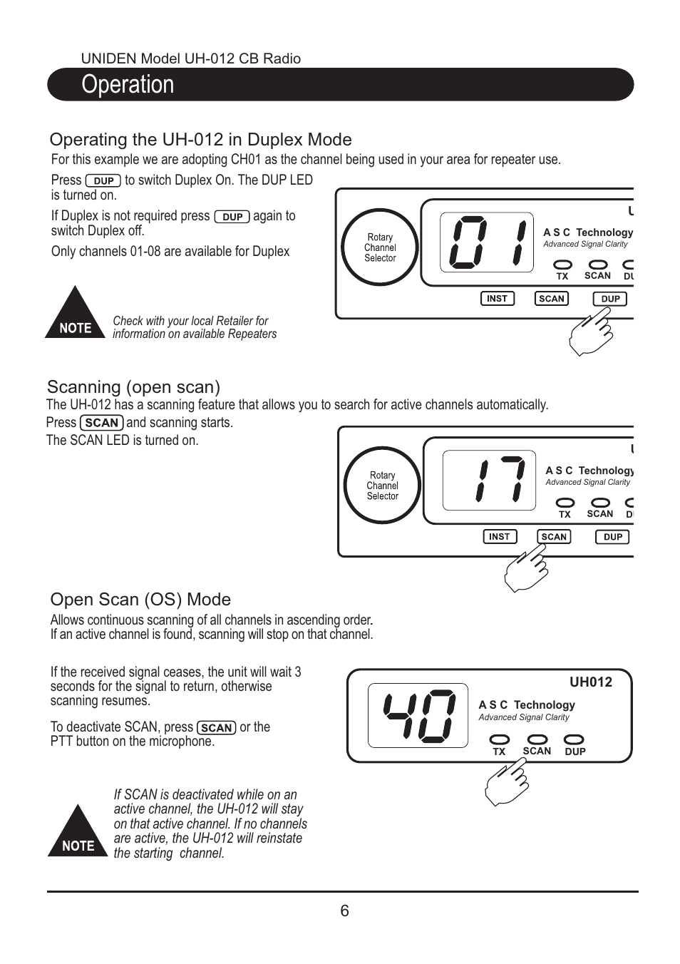 Operation, Operating the uh-012 in duplex mode, Scanning (open scan) | Open scan (os) mode | Uniden CB RADIO UH012 User Manual | Page 7 / 12