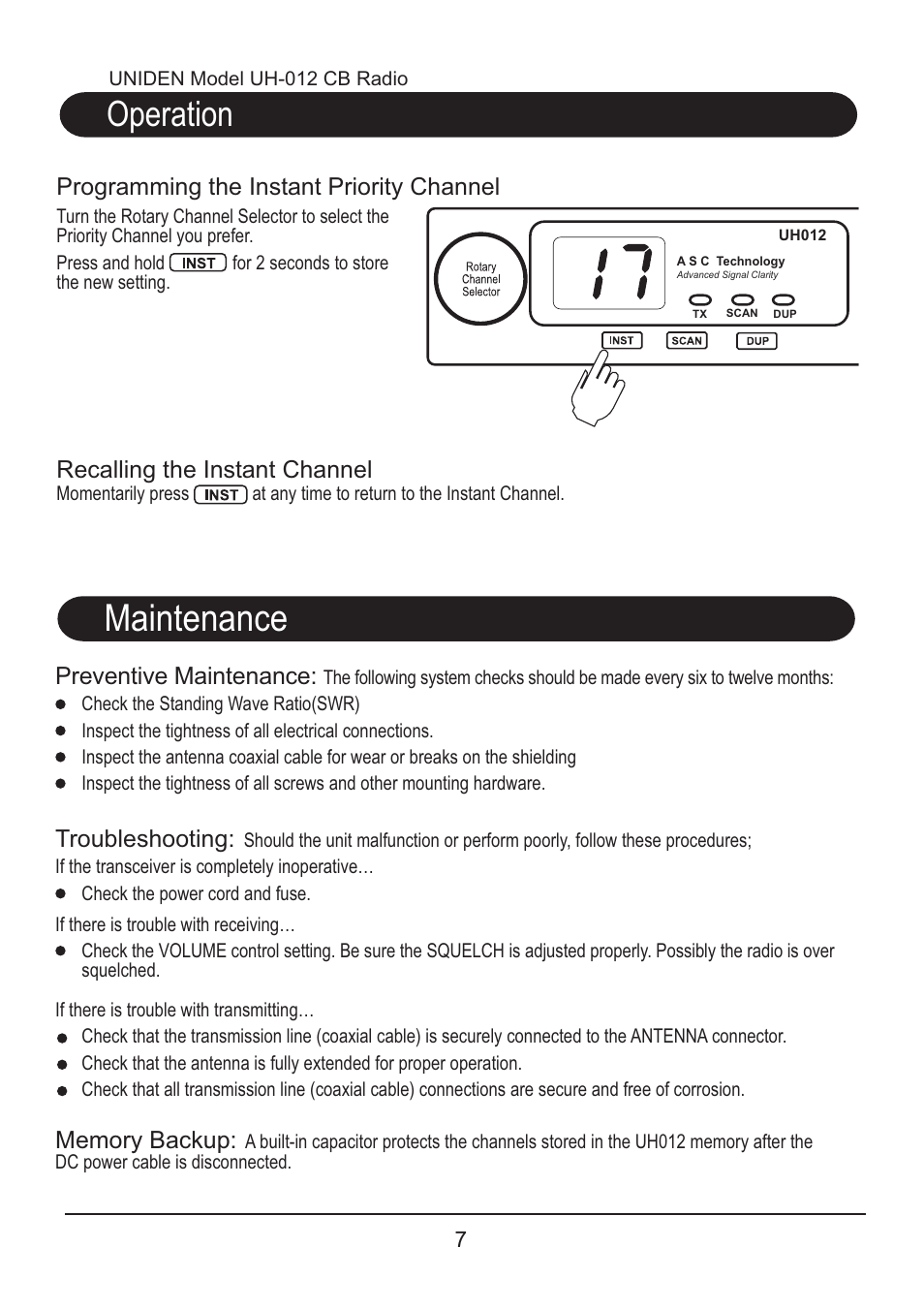 Maintenance, Operation, Preventive maintenance | Troubleshooting | Uniden CB RADIO UH012 User Manual | Page 8 / 12