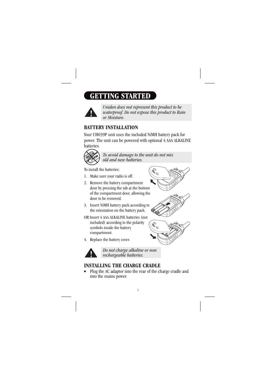 Getting started, Battery installation, Installing the charge cradle | Uniden UH039P User Manual | Page 3 / 12