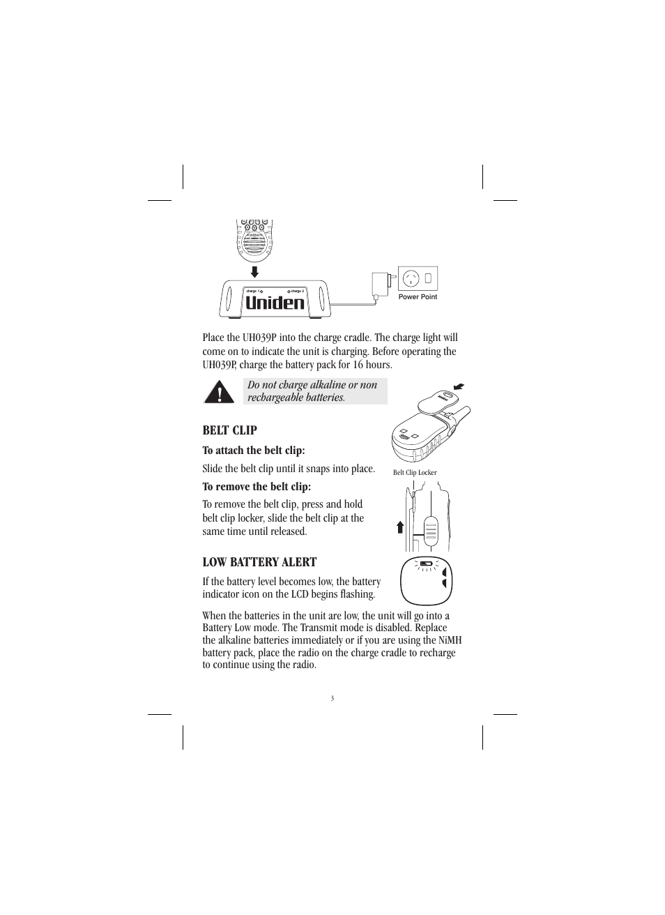Low battery alert, Belt clip | Uniden UH039P User Manual | Page 4 / 12