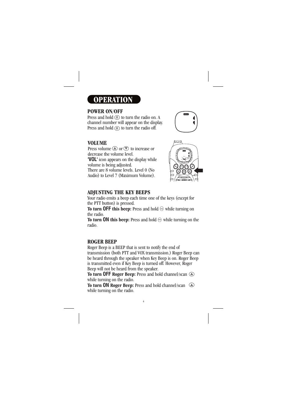 Operation, Volume, Power on/off | Adjusting the key beeps, Roger beep | Uniden UH039P User Manual | Page 5 / 12