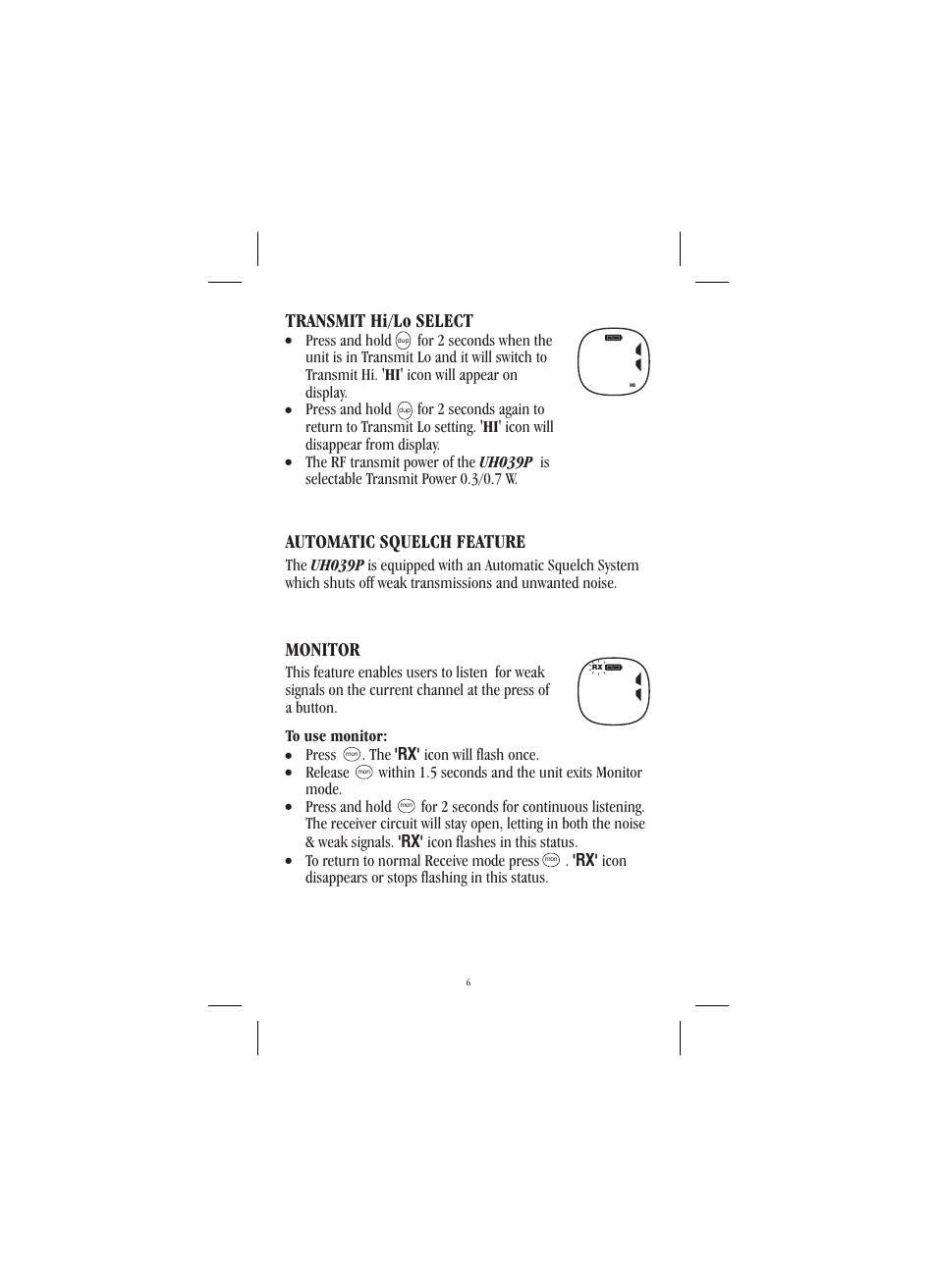 Automatic squelch feature, Transmit hi/lo select, Monitor | Uniden UH039P User Manual | Page 7 / 12