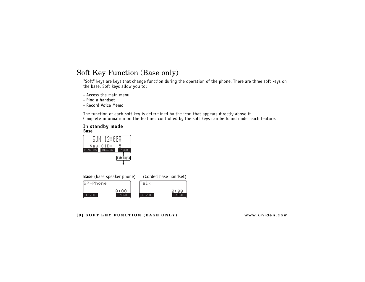 Soft key function (base only), P. 9) | Uniden DCT7488 User Manual | Page 10 / 96