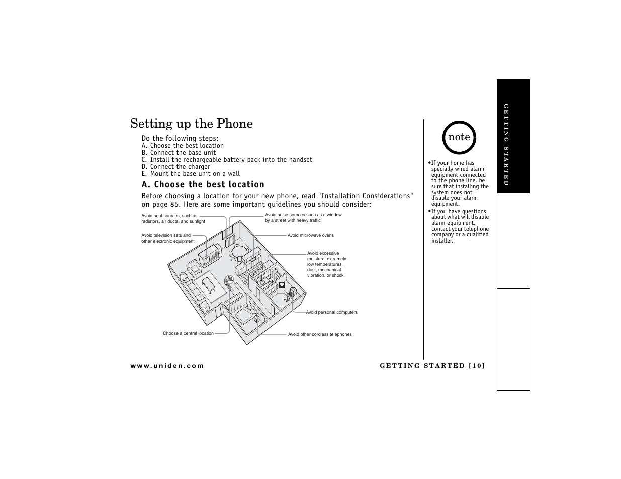 Setting up the phone, A. choose the best location | Uniden DCT7488 User Manual | Page 11 / 96