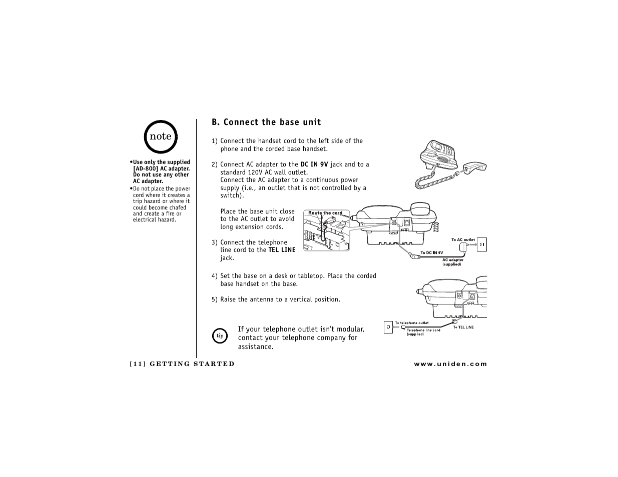 B. connect the base unit | Uniden DCT7488 User Manual | Page 12 / 96