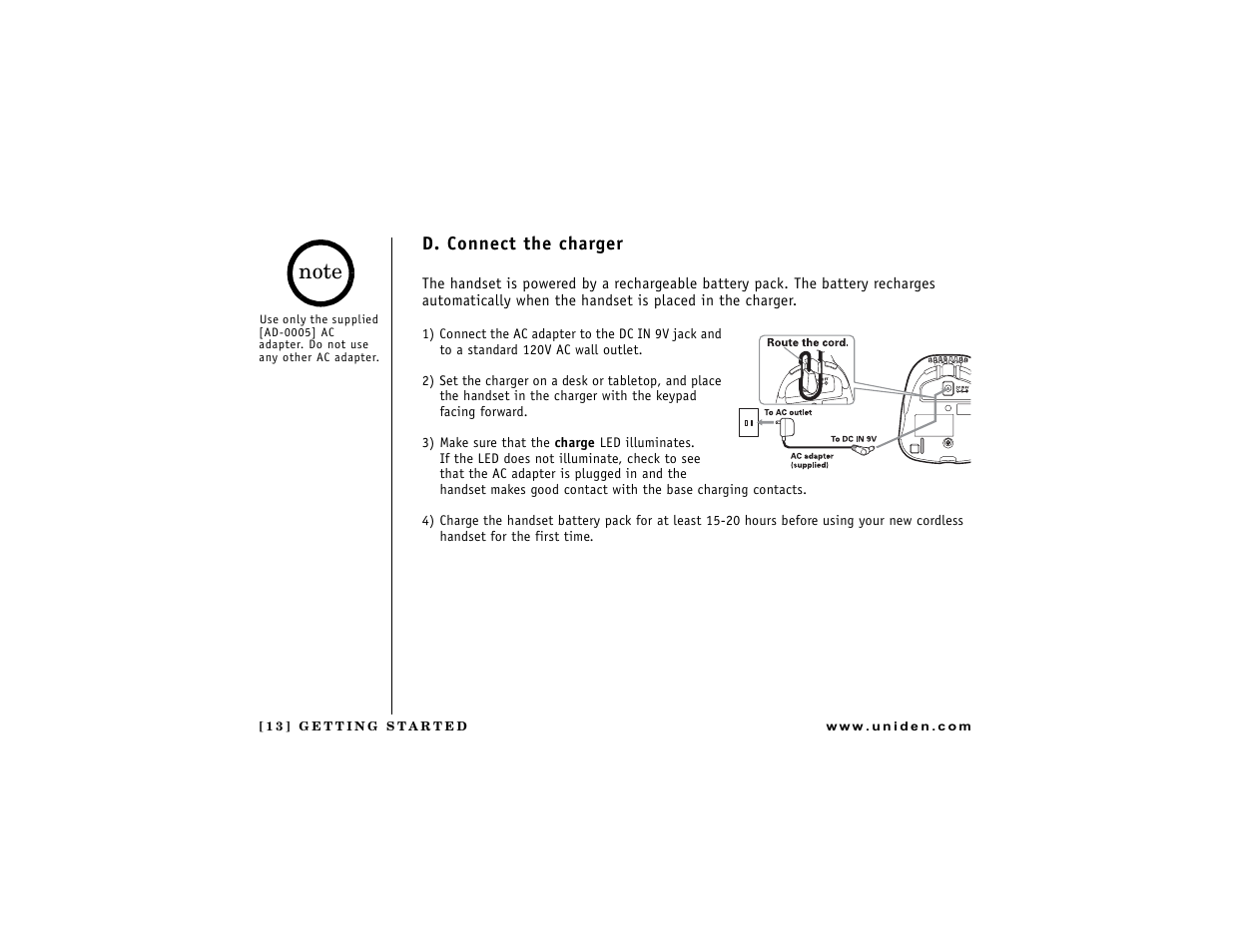 D. connect the charger | Uniden DCT7488 User Manual | Page 14 / 96