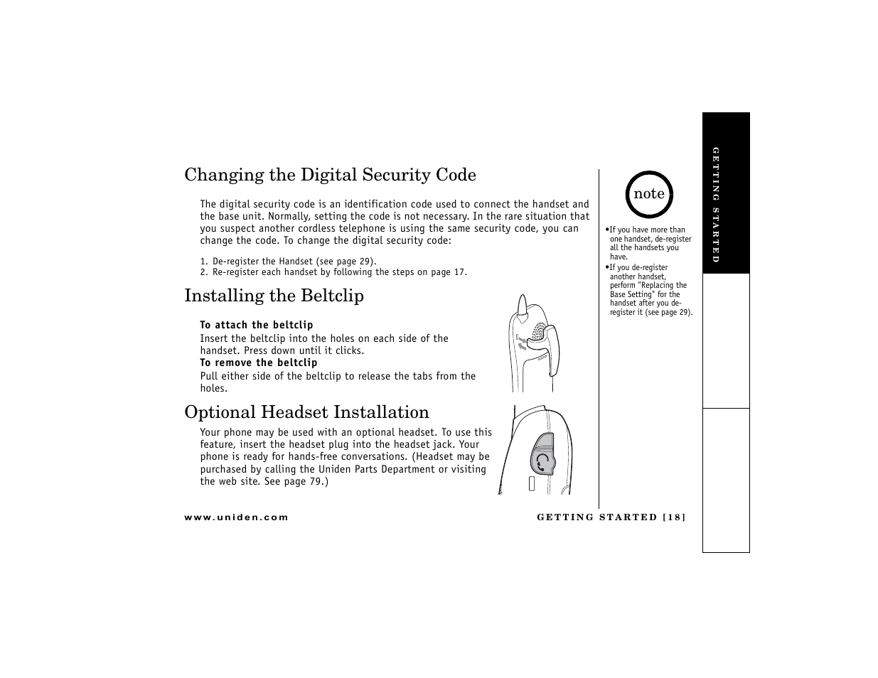 Changing the digital security code, Installing the beltclip, Optional headset installation | Uniden DCT7488 User Manual | Page 19 / 96