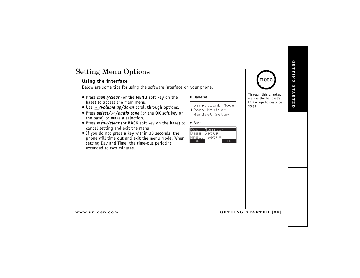 Setting menu options, P. 20, D 20) | Uniden DCT7488 User Manual | Page 21 / 96