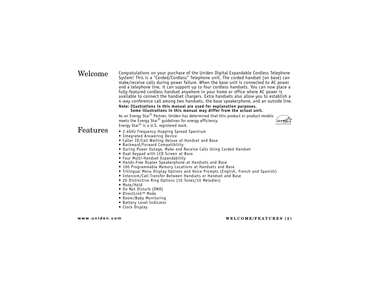 Welcome/features, Welcome features | Uniden DCT7488 User Manual | Page 3 / 96