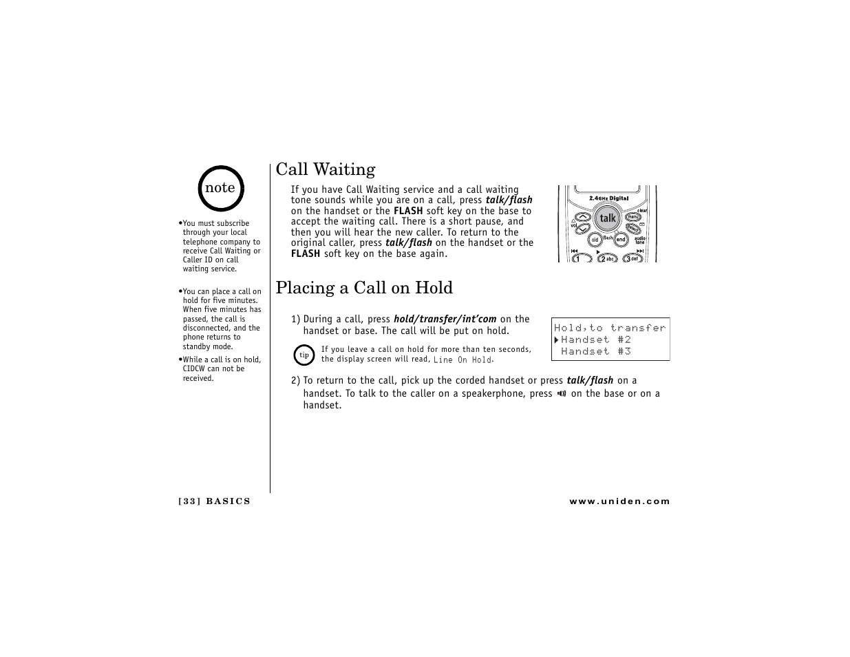 Call waiting, Placing a call on hold, M) (p. 33 & 73) | D 33) | Uniden DCT7488 User Manual | Page 34 / 96