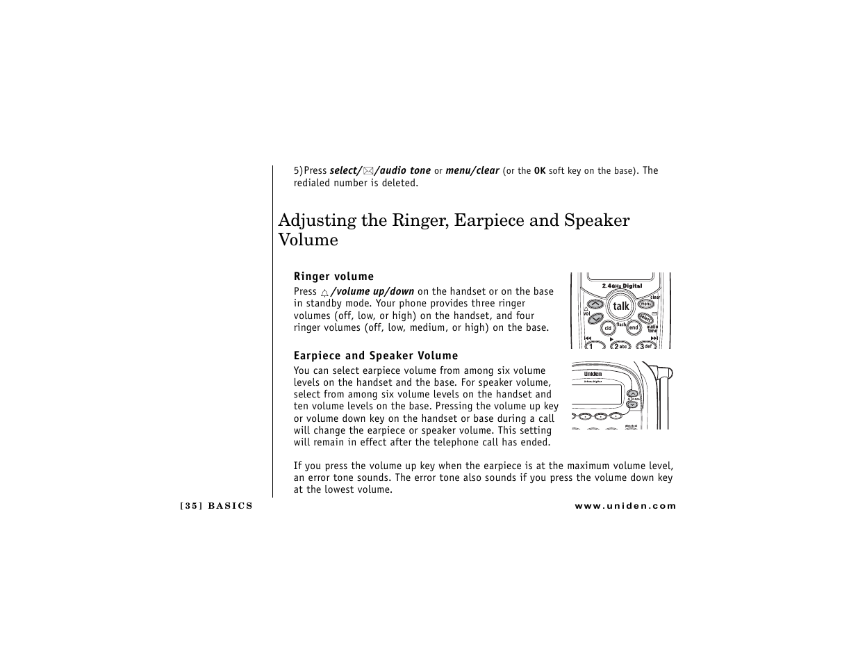 Adjusting the ringer, earpiece and speaker volume, P. 35, P. 35 a | Uniden DCT7488 User Manual | Page 36 / 96