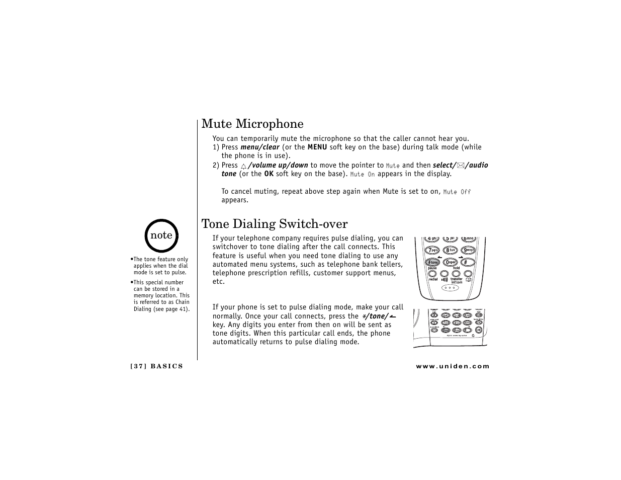 Mute microphone, Tone dialing switch-over, P. 37 & 42) | Key (p, P. 37 an | Uniden DCT7488 User Manual | Page 38 / 96