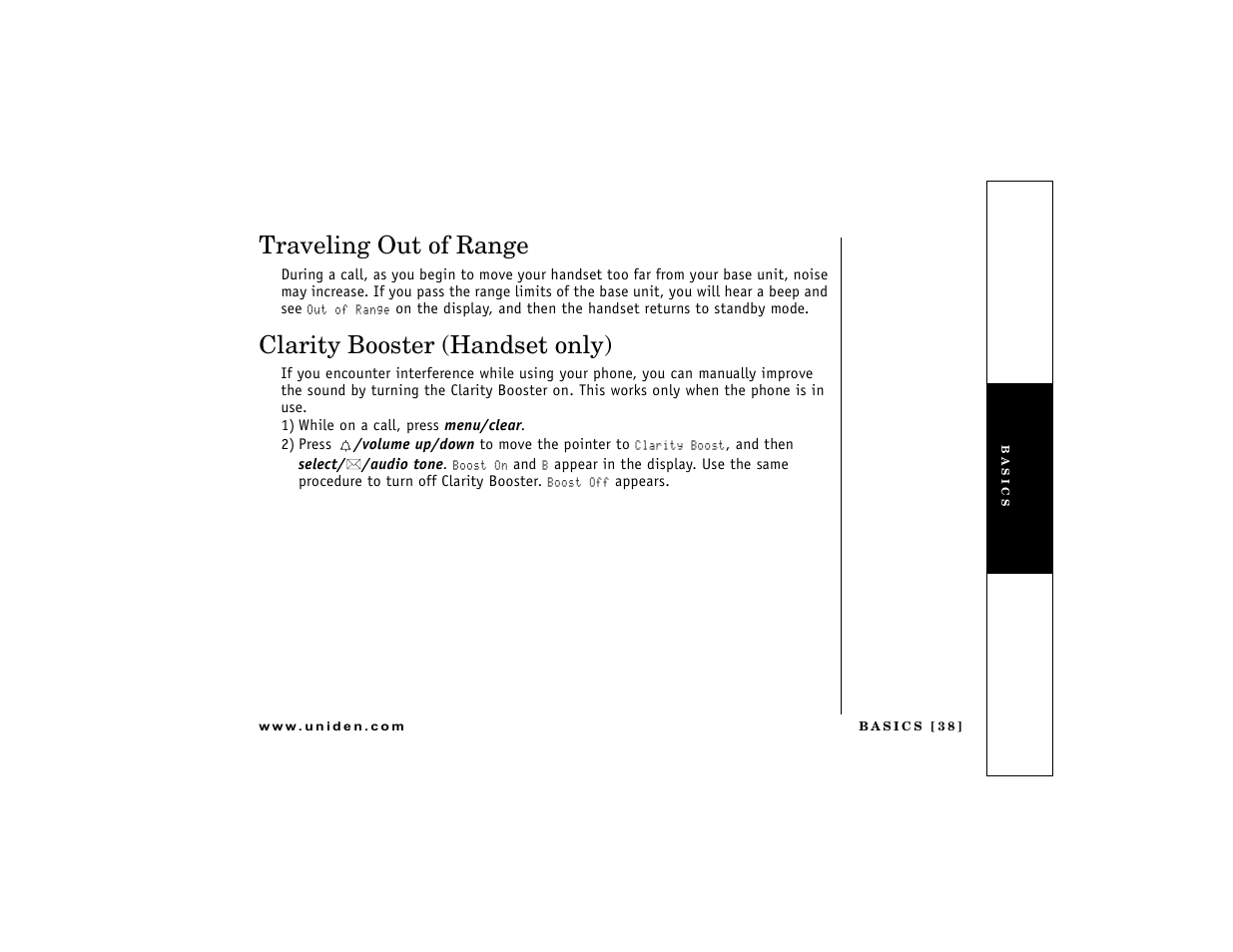 Traveling out of range, Clarity booster (handset only) | Uniden DCT7488 User Manual | Page 39 / 96