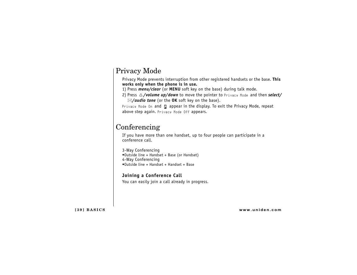 Privacy mode, Conferencing | Uniden DCT7488 User Manual | Page 40 / 96