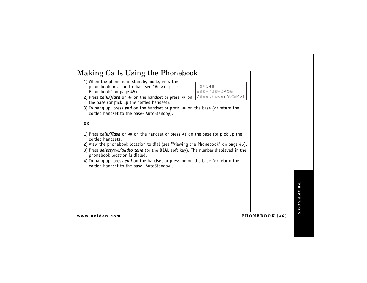 Making calls using the phonebook | Uniden DCT7488 User Manual | Page 47 / 96