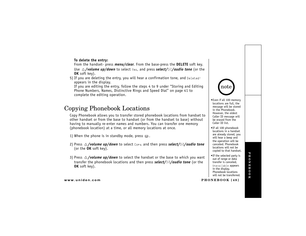 Copying phonebook locations | Uniden DCT7488 User Manual | Page 49 / 96