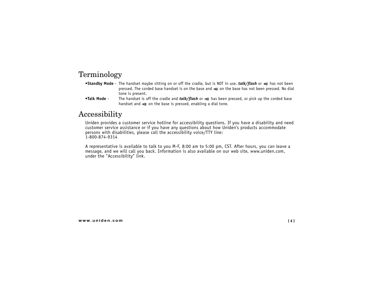 Terminology, Accessibility | Uniden DCT7488 User Manual | Page 5 / 96