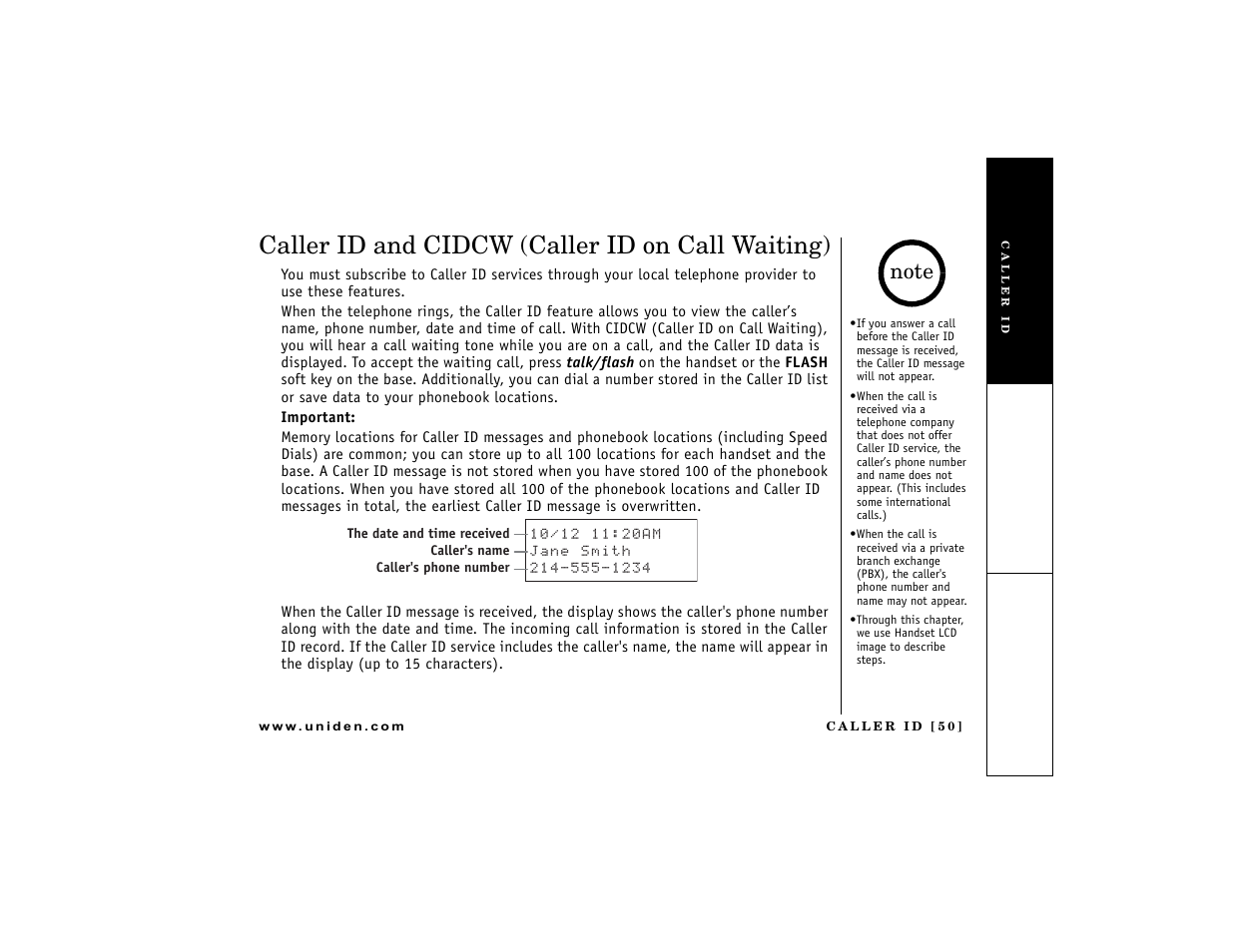 Caller id and cidcw (caller id on call waiting) | Uniden DCT7488 User Manual | Page 51 / 96