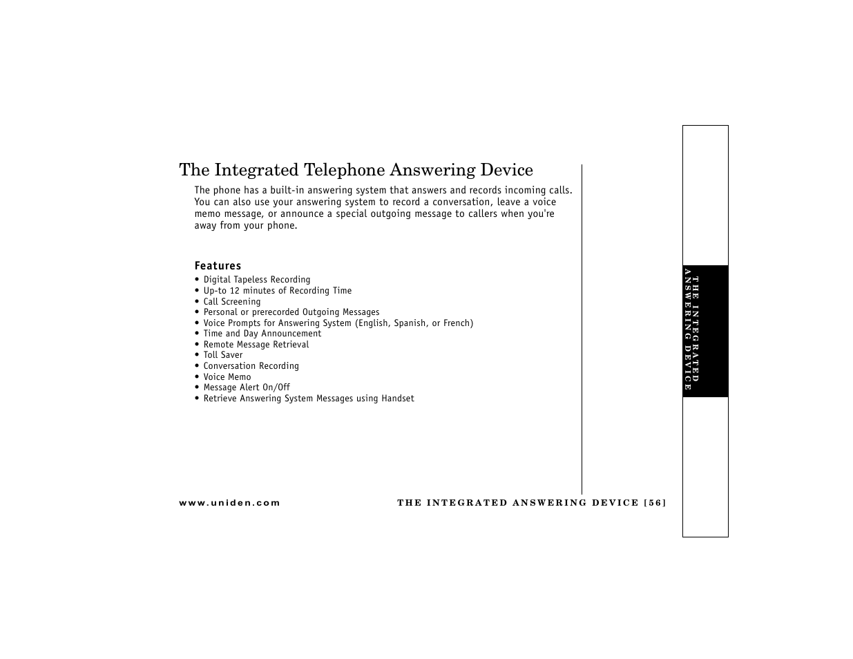 The integrated telephone answering device, Features | Uniden DCT7488 User Manual | Page 57 / 96