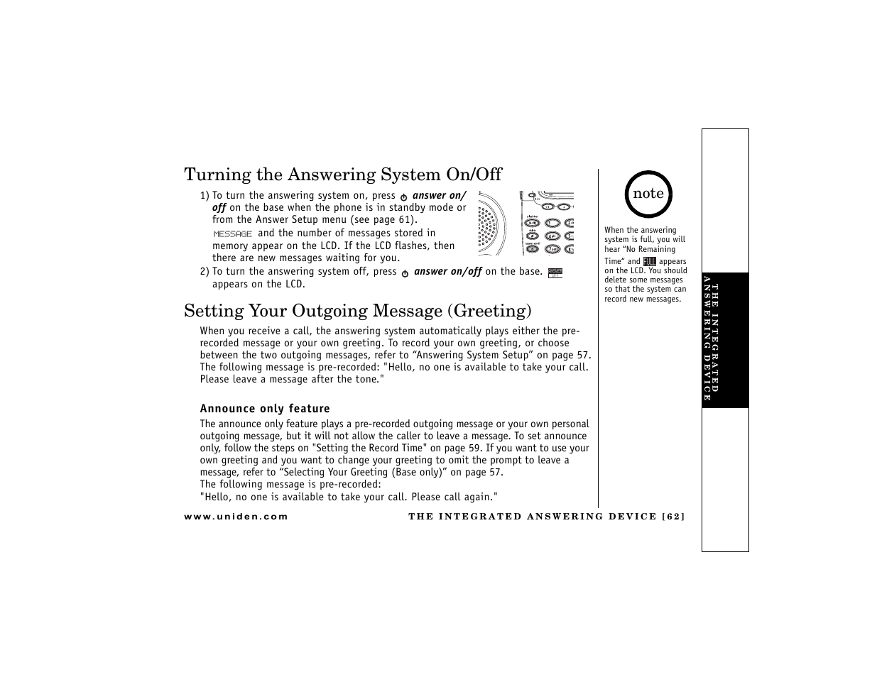 Turning the answering system on/off, Setting your outgoing message (greeting), P. 62) | Uniden DCT7488 User Manual | Page 63 / 96