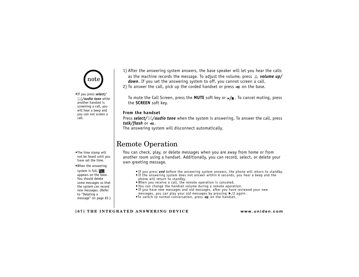 Remote operation | Uniden DCT7488 User Manual | Page 68 / 96