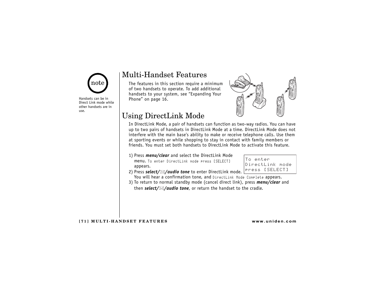 Multi-handset features, Using directlink mode | Uniden DCT7488 User Manual | Page 72 / 96