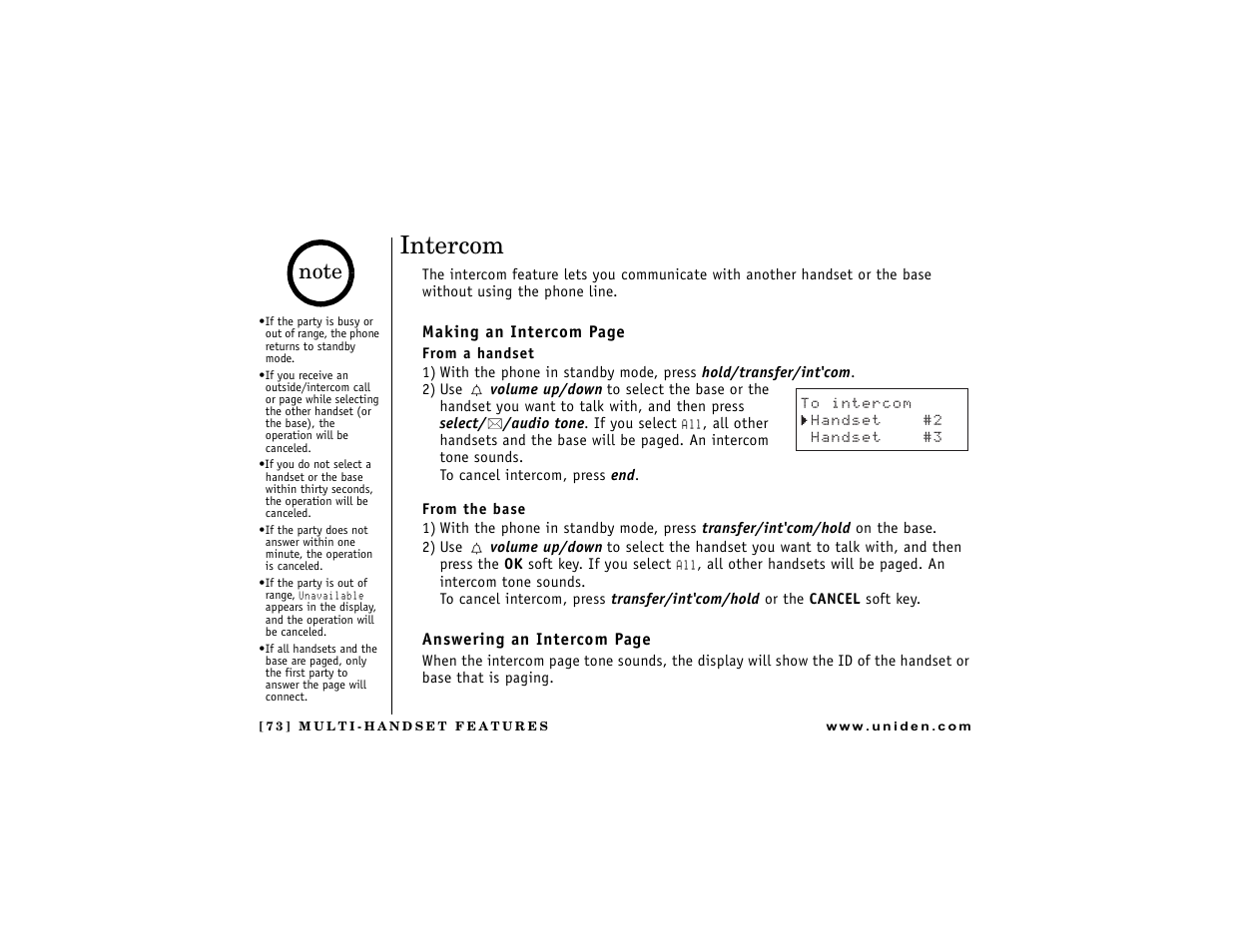 Intercom, P. 73 a | Uniden DCT7488 User Manual | Page 74 / 96