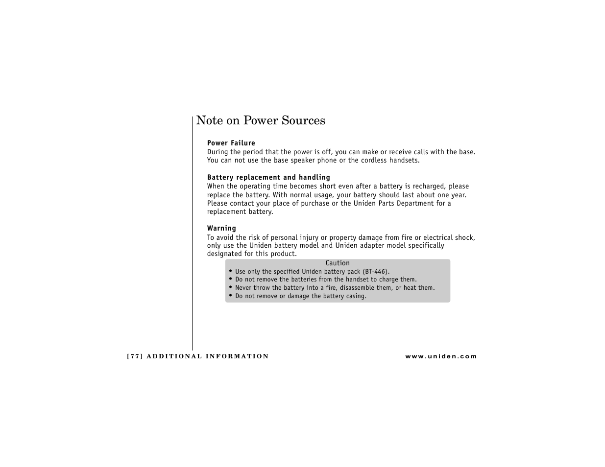 Note on power sources | Uniden DCT7488 User Manual | Page 78 / 96