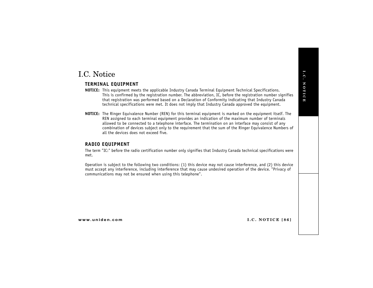 I.c. notice | Uniden DCT7488 User Manual | Page 87 / 96