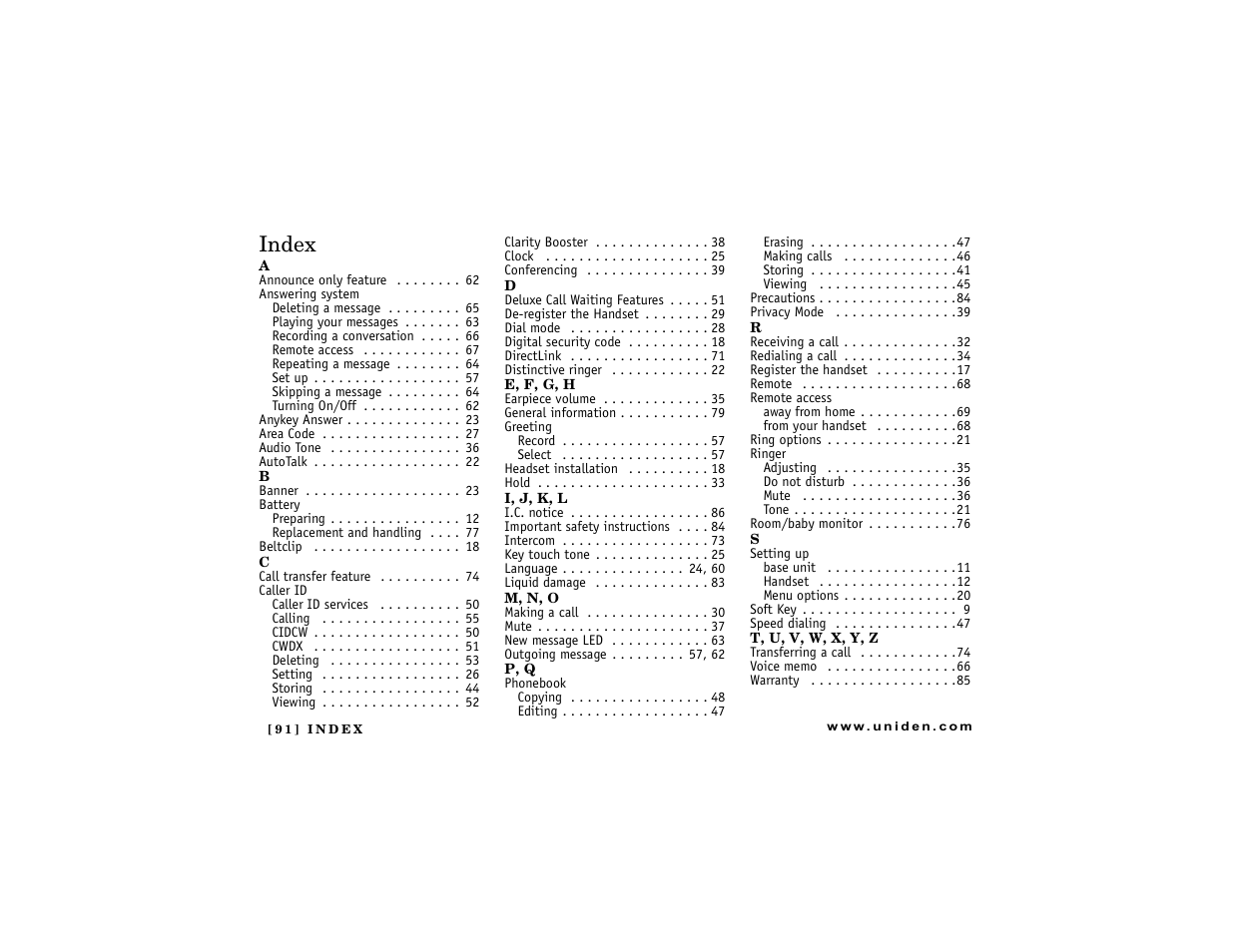 Index | Uniden DCT7488 User Manual | Page 92 / 96