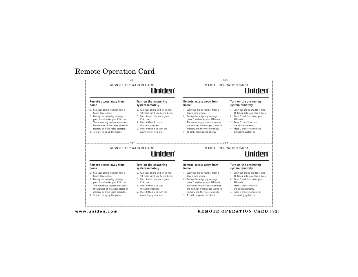 Remote operation card | Uniden DCT7488 User Manual | Page 93 / 96