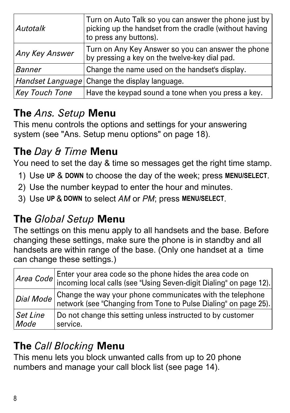 The ans. setup menu, The day & time menu, The global setup menu | The call blocking menu | Uniden DECT2180 Series User Manual | Page 10 / 32