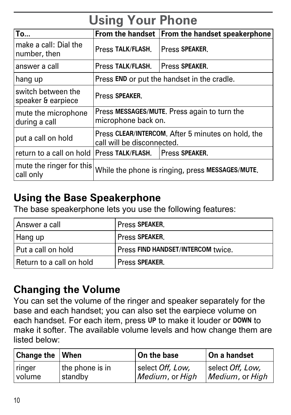 Using your phone, Using the base speakerphone, Changing the volume | Uniden DECT2180 Series User Manual | Page 12 / 32
