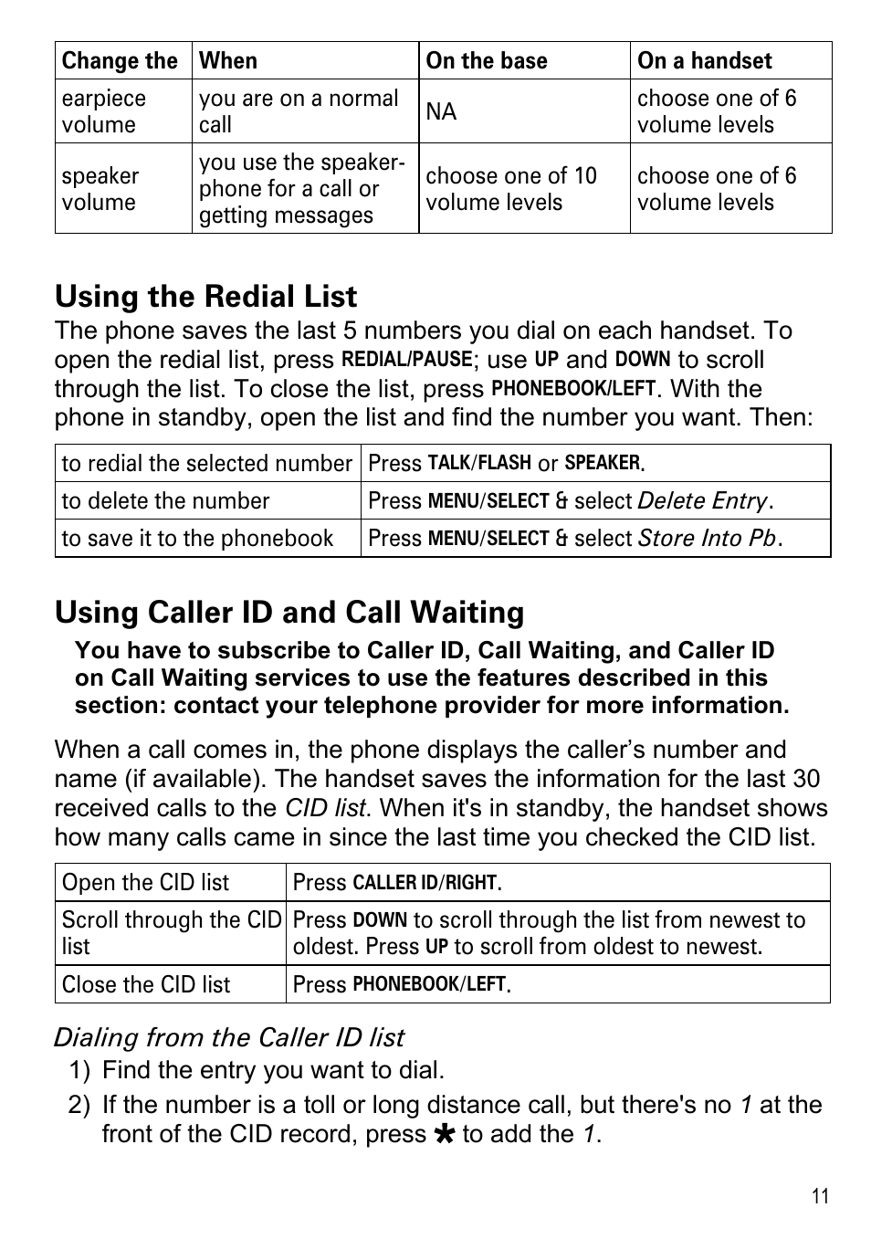 Using the redial list, Using caller id and call waiting | Uniden DECT2180 Series User Manual | Page 13 / 32