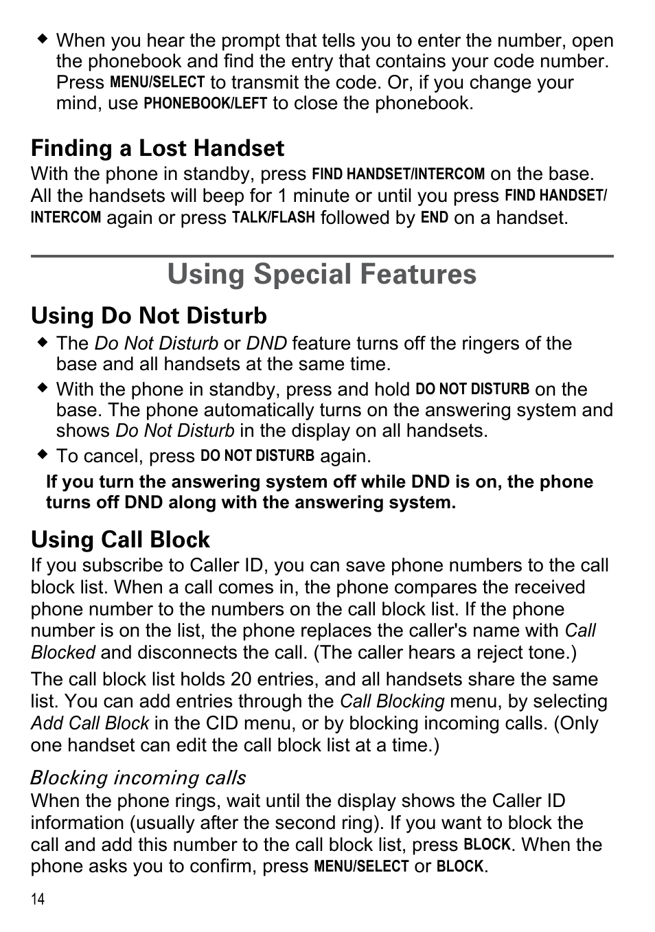 Finding a lost handset, Using special features, Using do not disturb | Using call block | Uniden DECT2180 Series User Manual | Page 16 / 32
