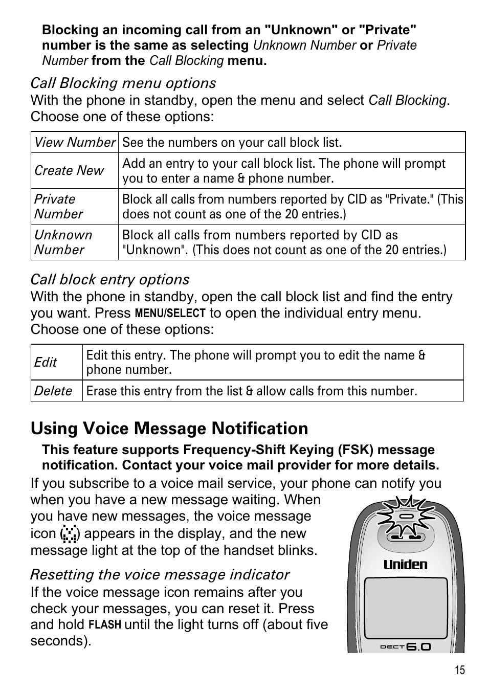 Using voice message notification, Using voice message notification 15 | Uniden DECT2180 Series User Manual | Page 17 / 32
