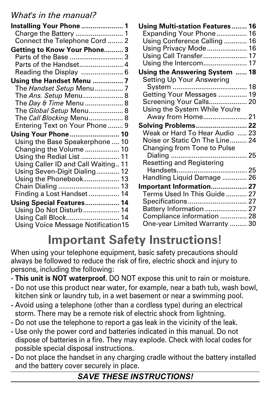 Important safety instructions, What's in the manual | Uniden DECT2180 Series User Manual | Page 2 / 32
