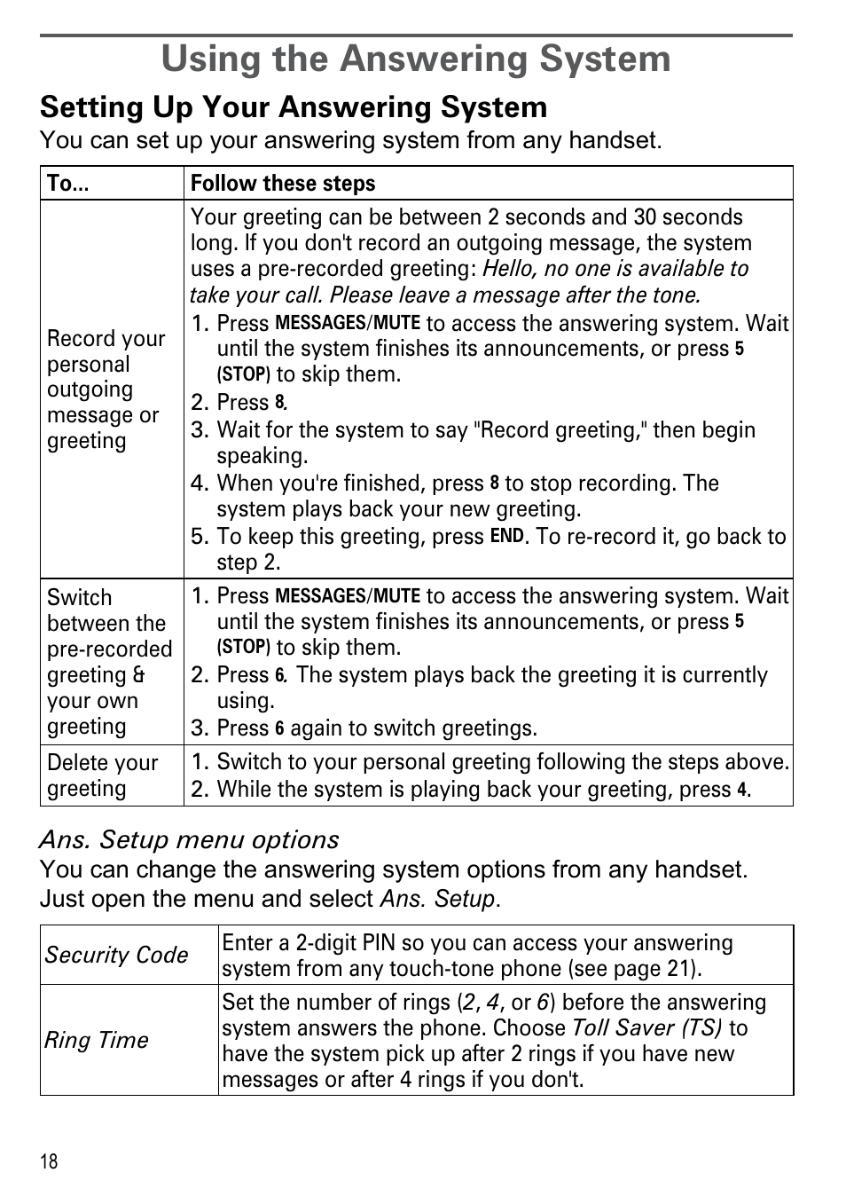 Using the answering system, Setting up your answering system, Setting up your answering | System | Uniden DECT2180 Series User Manual | Page 20 / 32