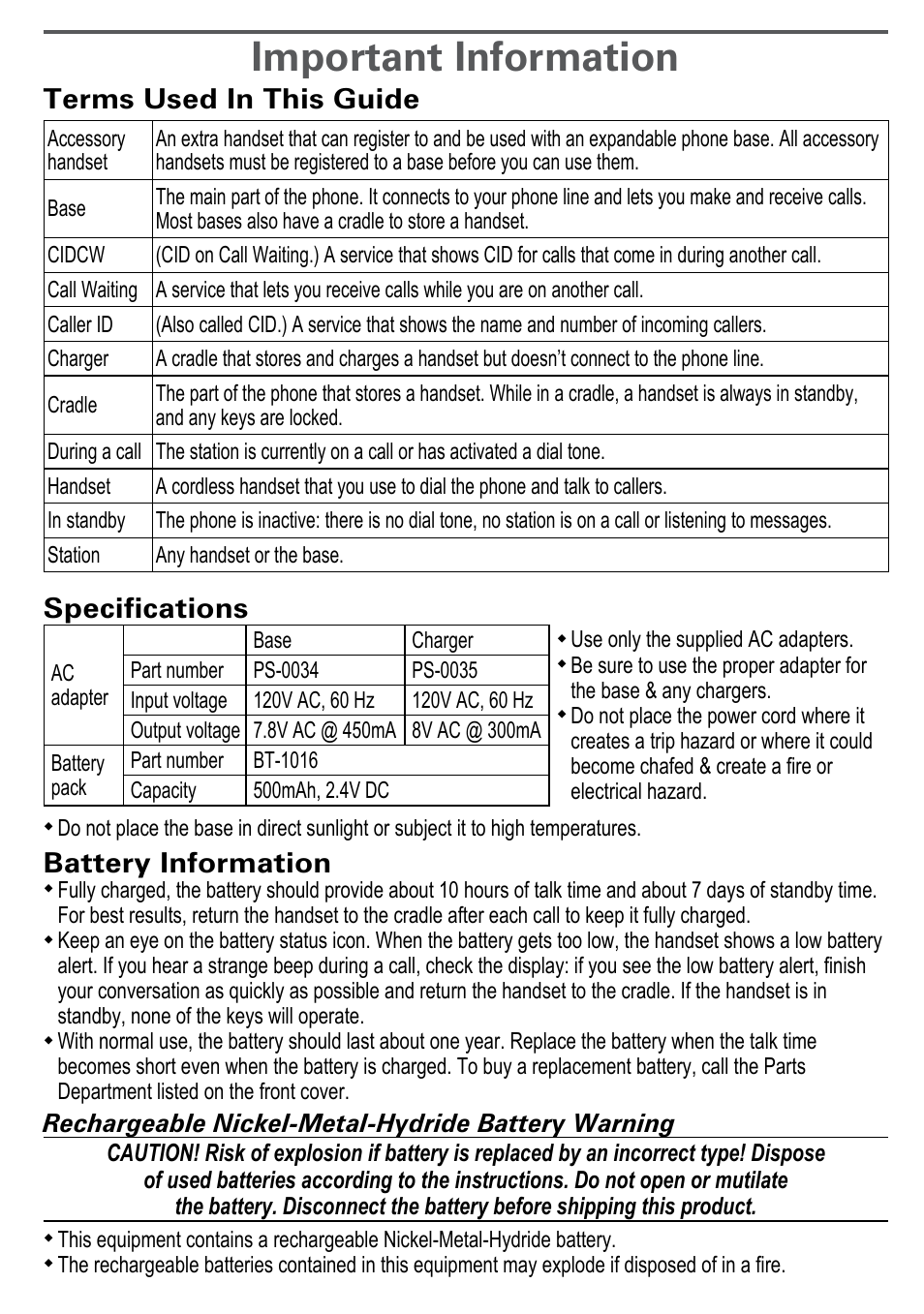 Important information, Terms used in this guide, Specifications | Battery information, Rechargeable nickel-metal-hydride battery warning | Uniden DECT2180 Series User Manual | Page 29 / 32