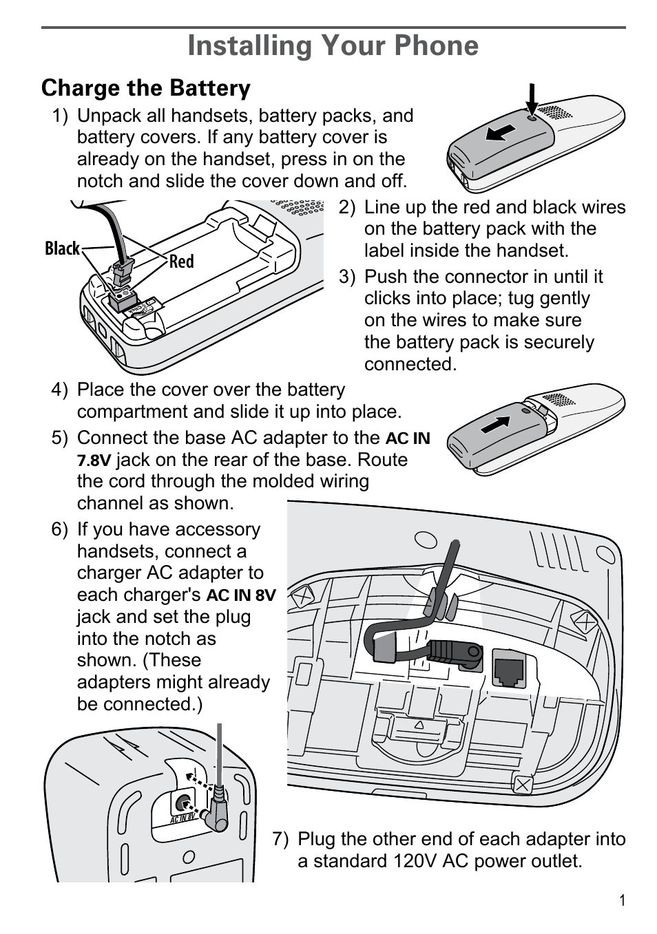 Installing your phone, Charge the battery | Uniden DECT2180 Series User Manual | Page 3 / 32