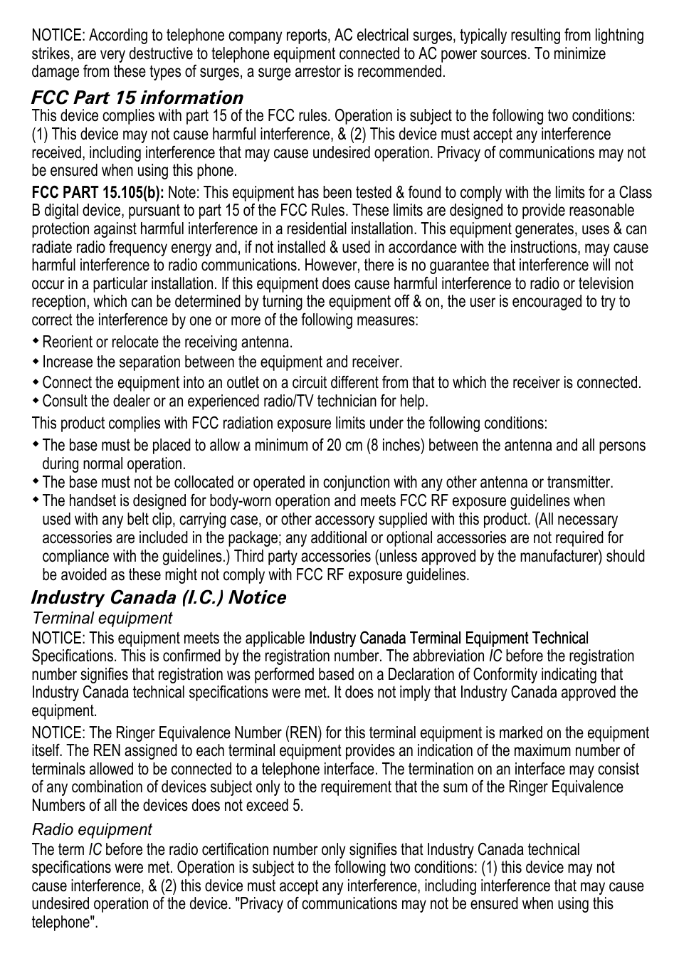 Fcc part 15 information, Industry canada (i.c.) notice | Uniden DECT2180 Series User Manual | Page 31 / 32