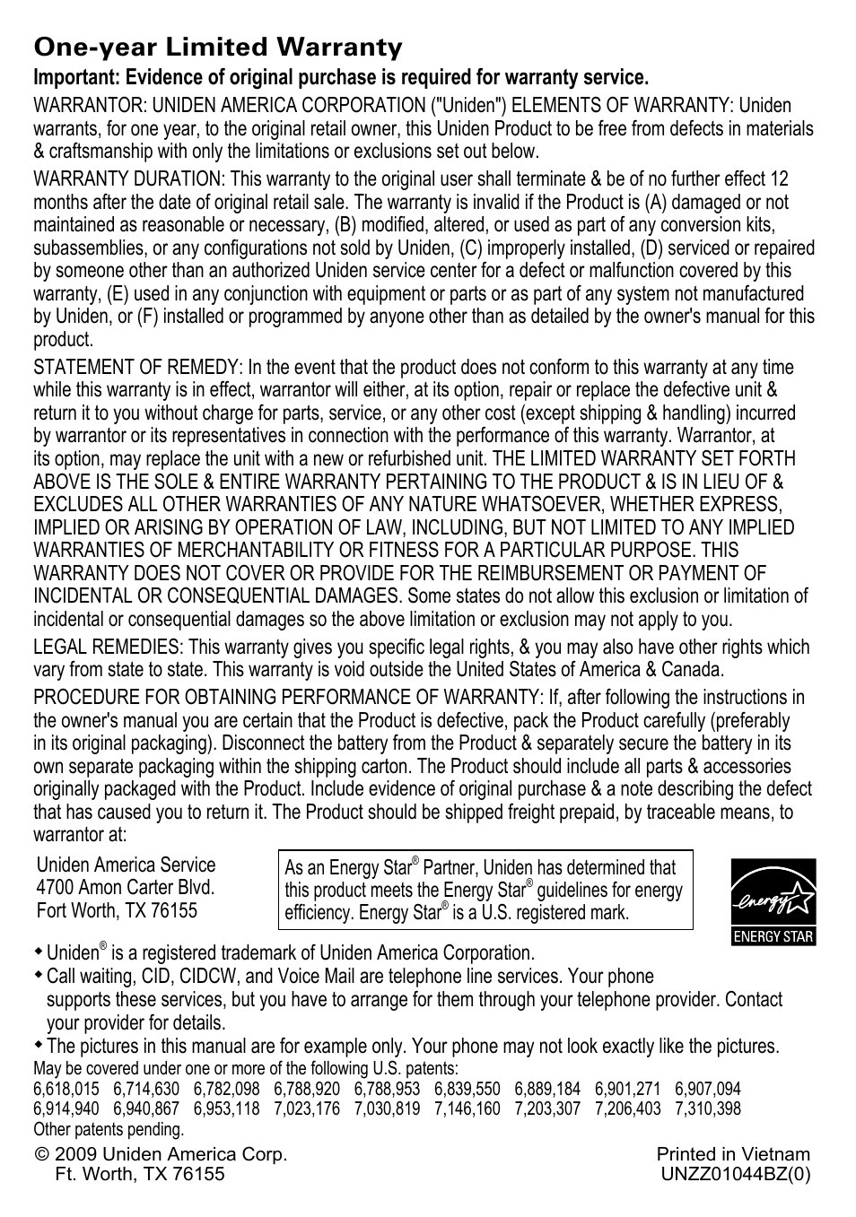One-year limited warranty | Uniden DECT2180 Series User Manual | Page 32 / 32
