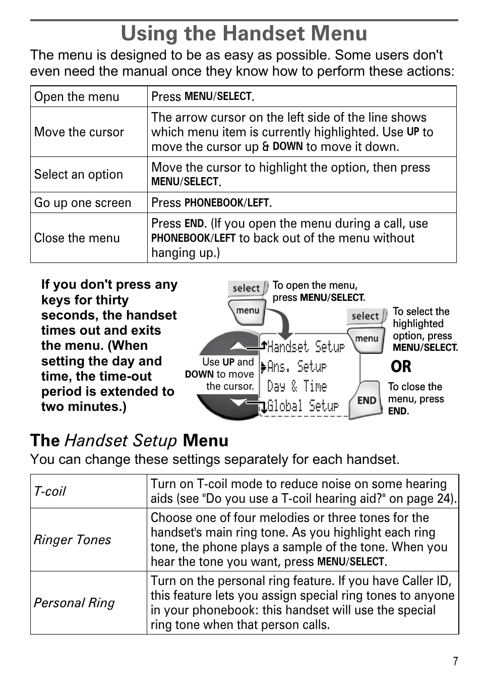 Using the handset menu, The handset setup menu | Uniden DECT2180 Series User Manual | Page 9 / 32