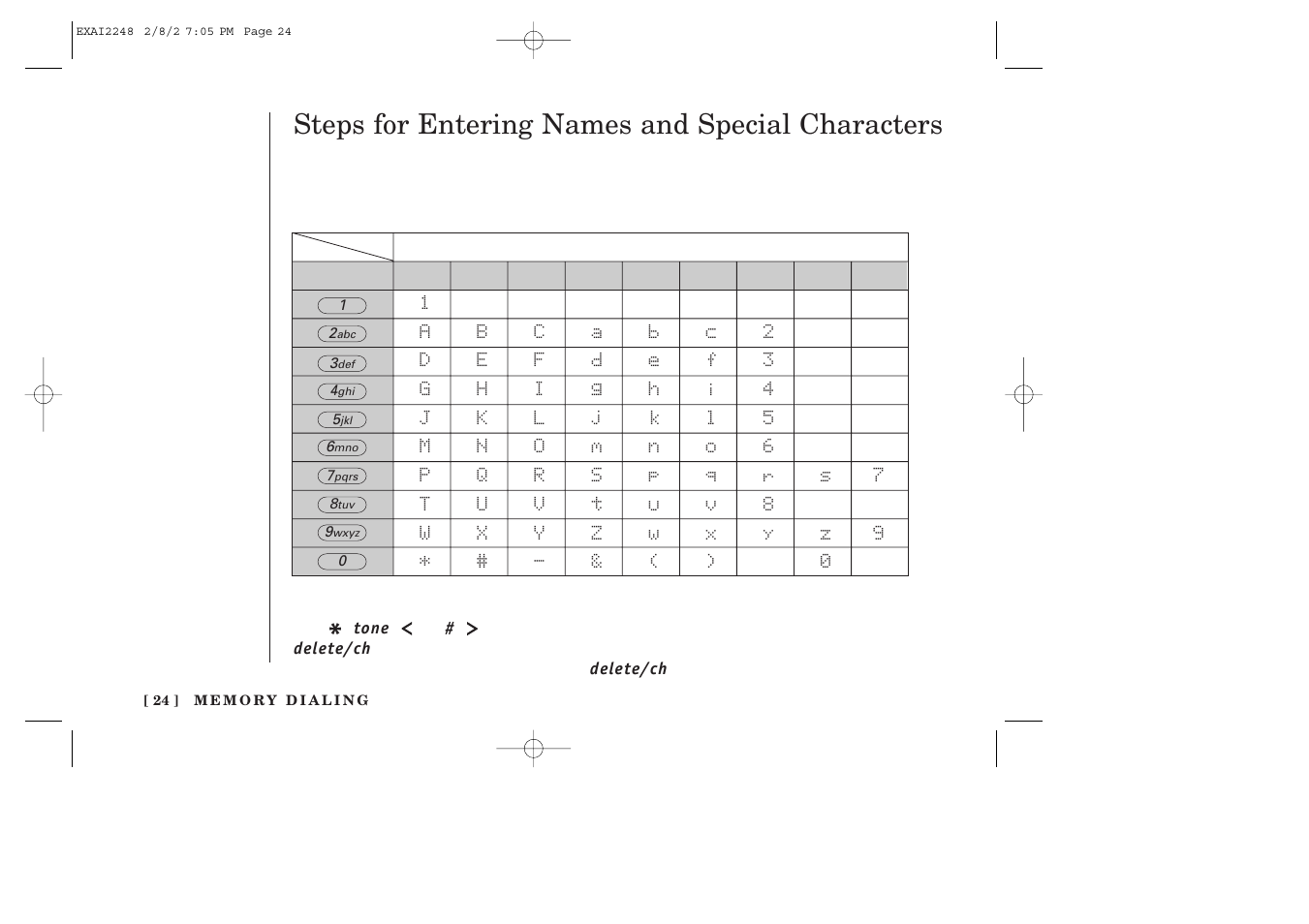 Steps for entering names and special characters | Uniden EXAI2248 series User Manual | Page 26 / 68