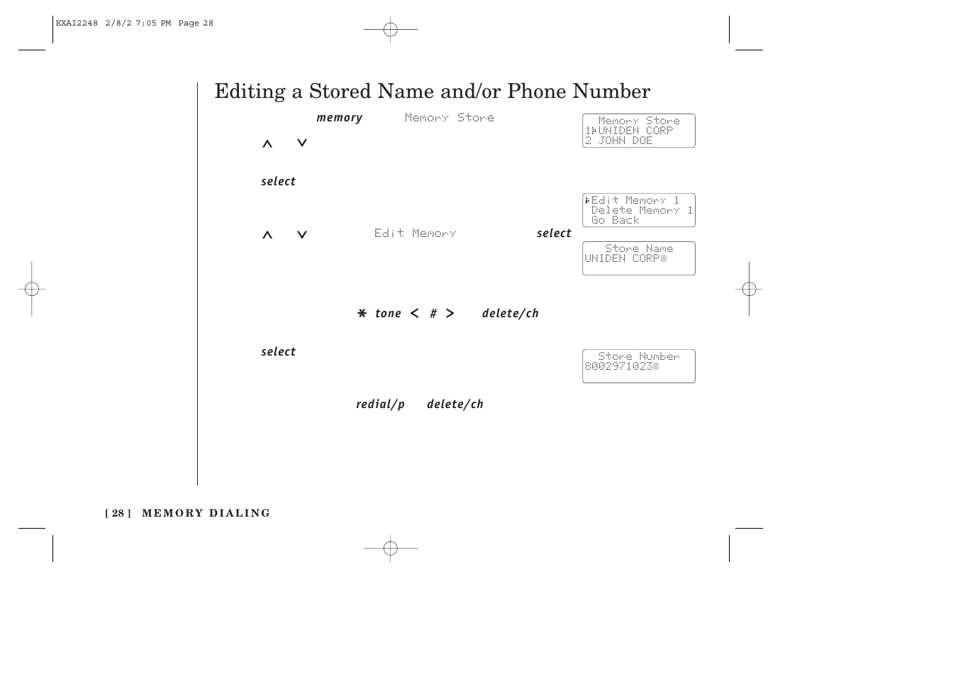 Editing a stored name and/or phone number | Uniden EXAI2248 series User Manual | Page 30 / 68