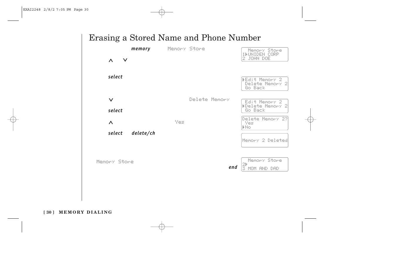 Erasing a stored name and phone number | Uniden EXAI2248 series User Manual | Page 32 / 68