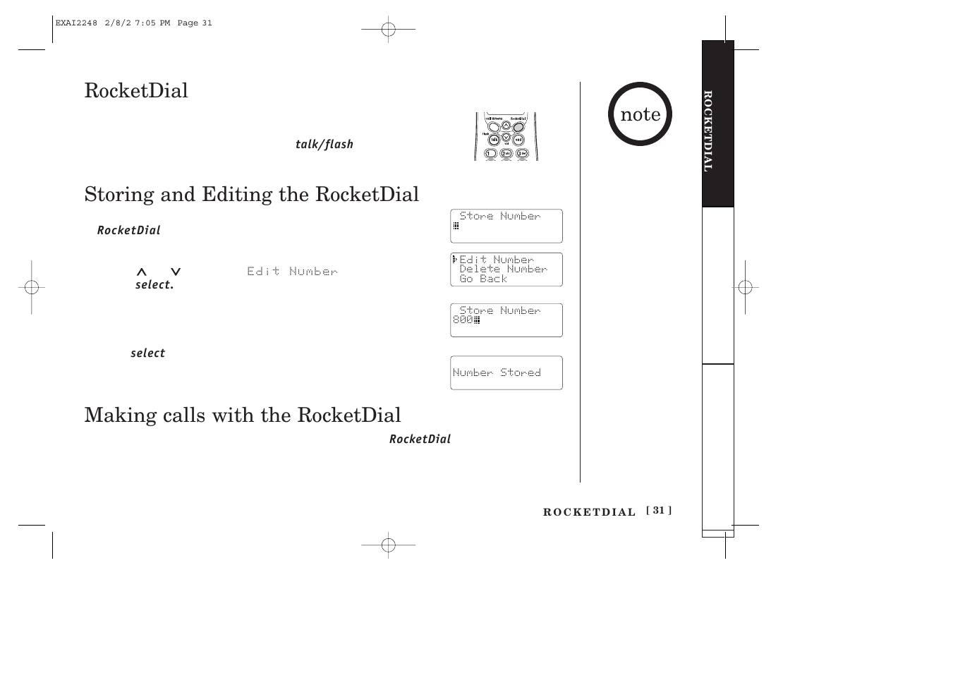 Rocketdial, Storing and editing the rocketdial, Making calls with the rocketdial | Uniden EXAI2248 series User Manual | Page 33 / 68